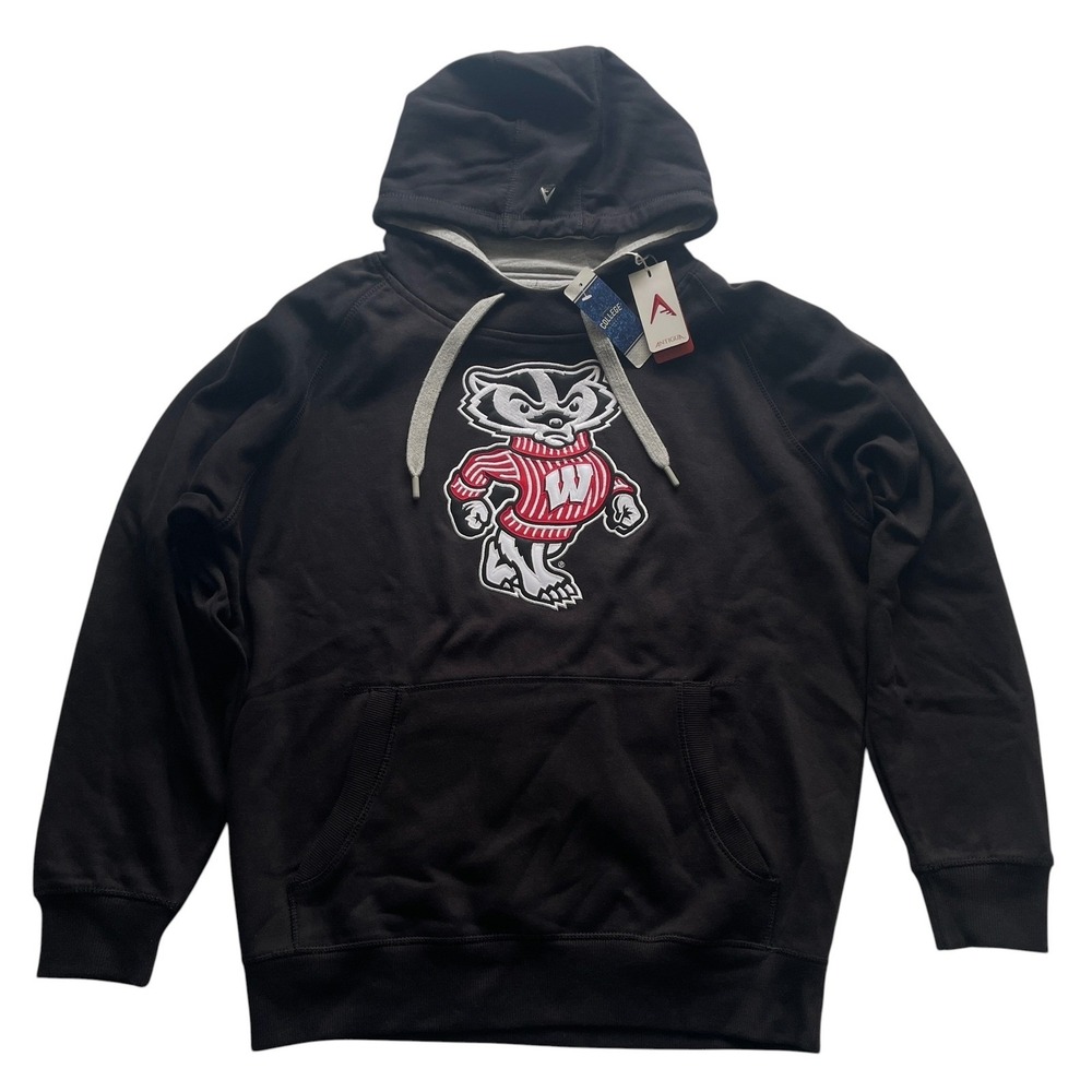 Wisconsin Badgers Hoodie Mens Large Black NCAA Bucky Badger Antigua Pullover New